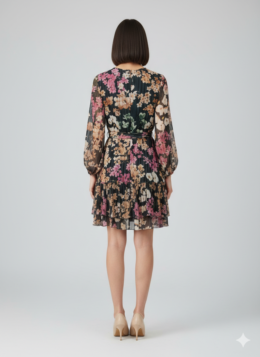 Abito corto a Portafoglio con stampa floreale e balze art.11688