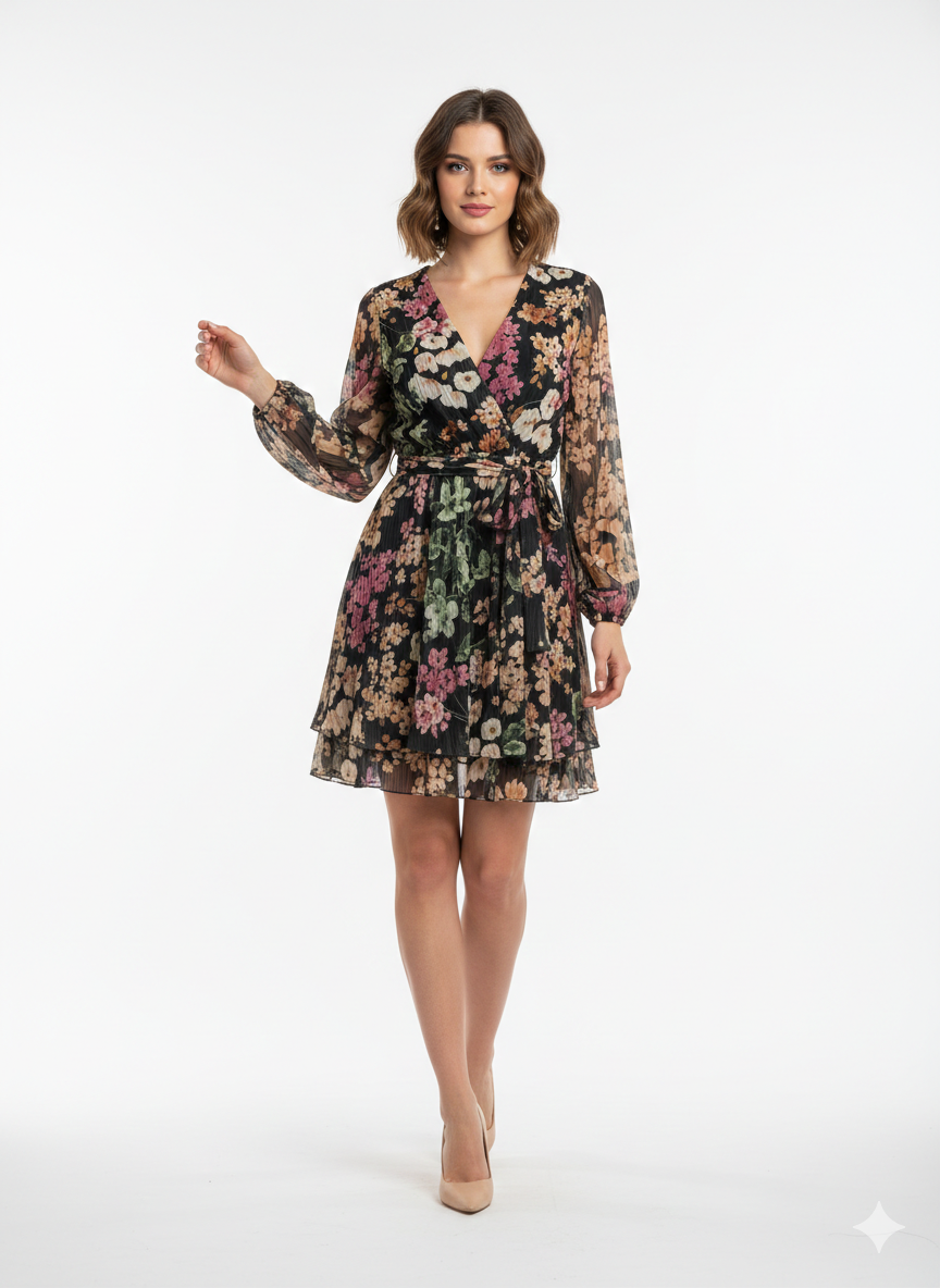 Abito corto a Portafoglio con stampa floreale e balze art.11688